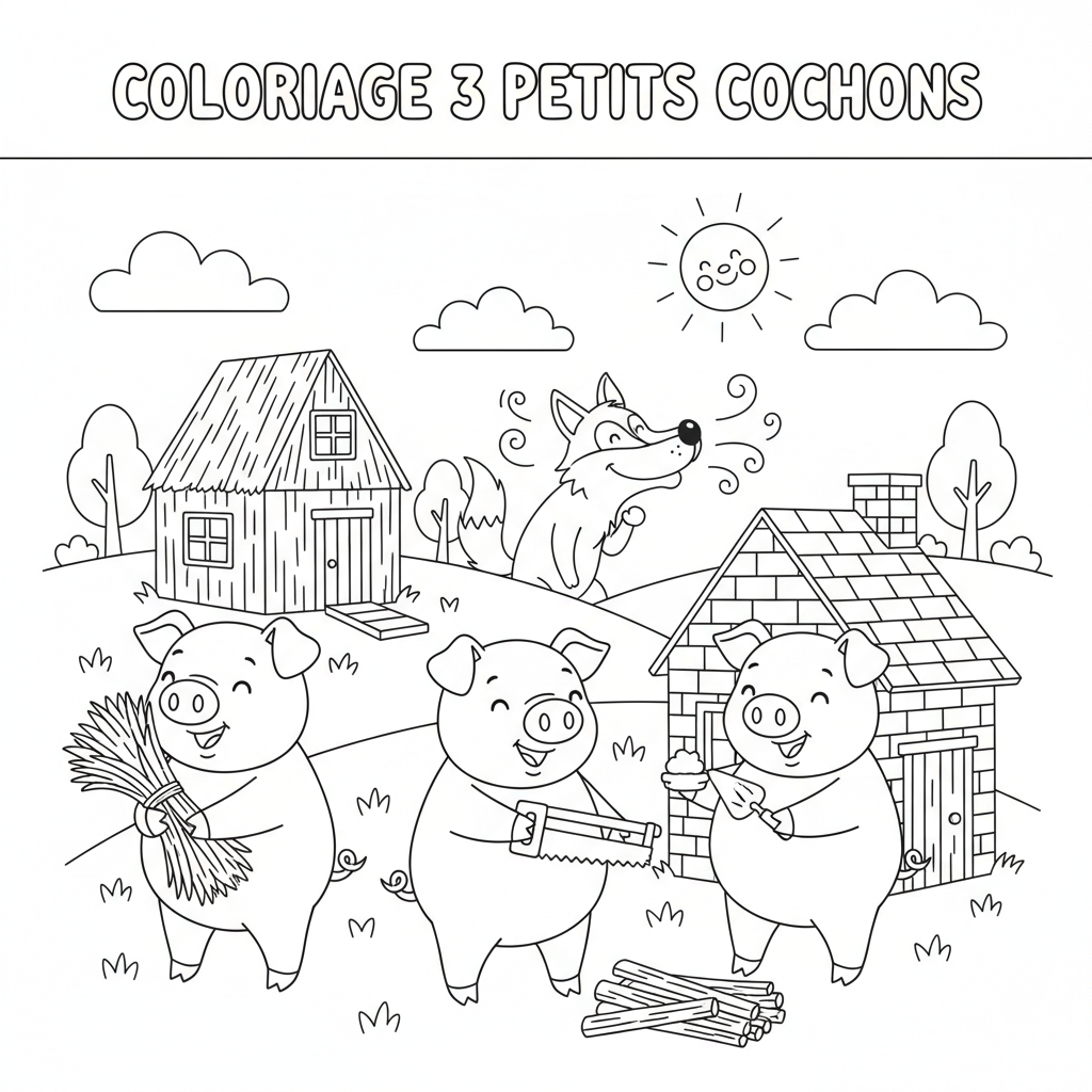 Coloriage 3 Petits Cochons Gratuit à Imprimer