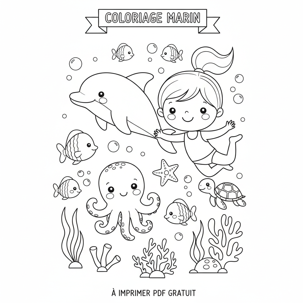 Coloriage À Imprimer Pdf Fille Animaux de la Mer Gratuit