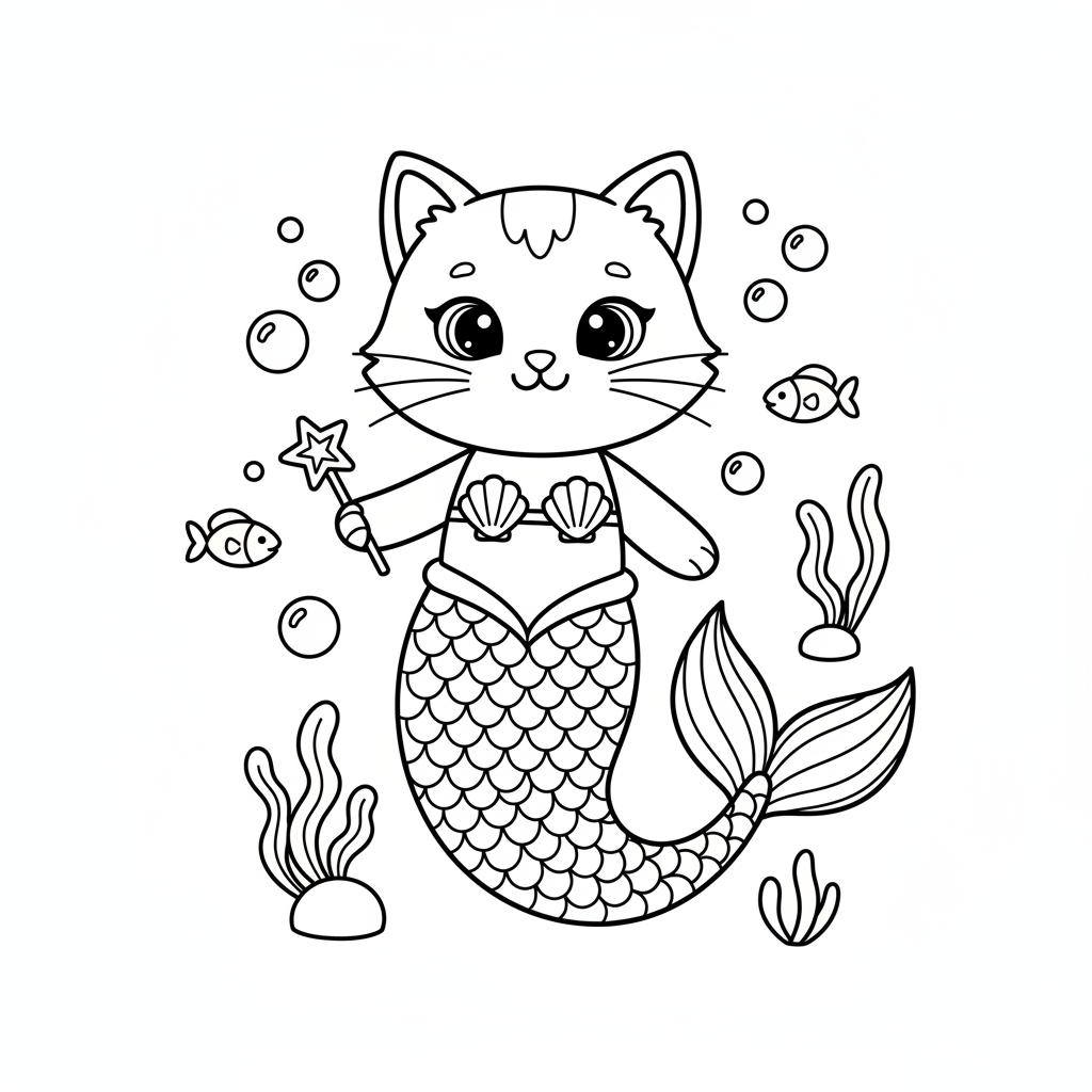 Dessins de Coloriage Chat Sirene à Imprimer Gratuitement
