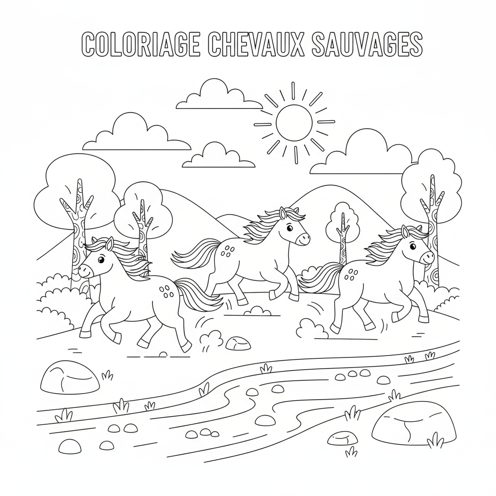 Coloriage coloriage chevaux sauvages 3