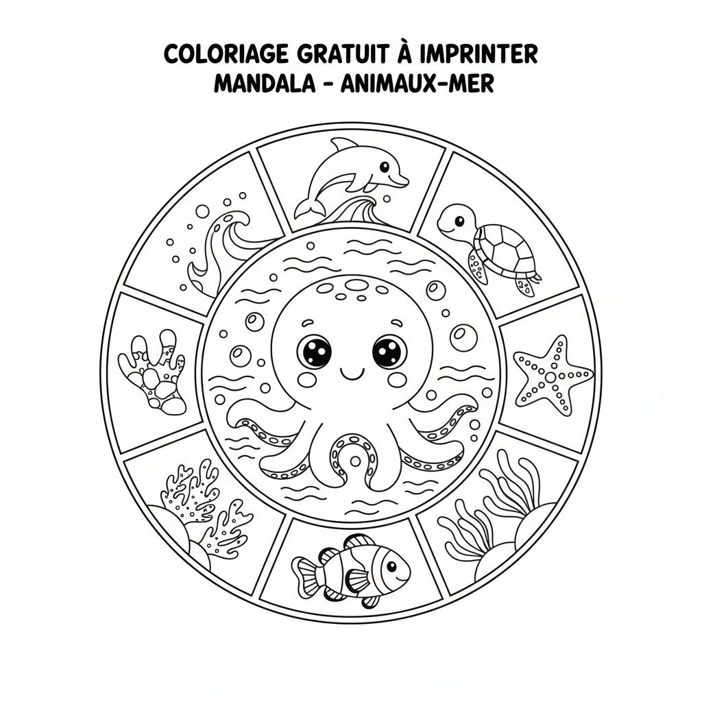 Coloriage Gratuit à Imprimer Mandala sur le Thème de la Mer