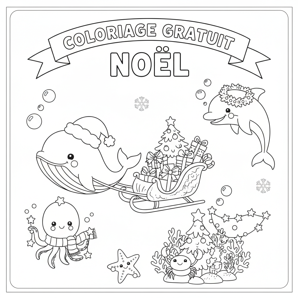 Coloriage Imprimer Gratuit Noel et Animaux de la Mer