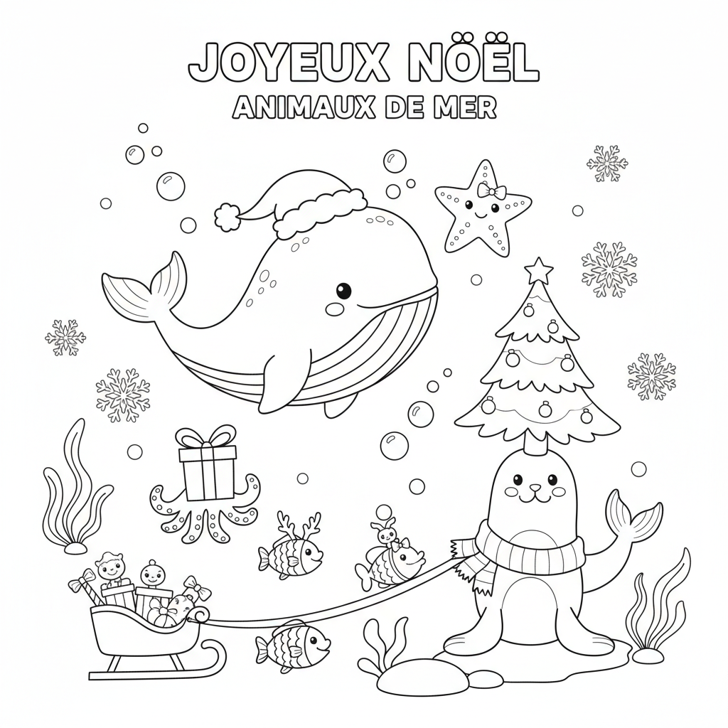 Coloriage Imprimer Noel avec les Animaux de la Mer