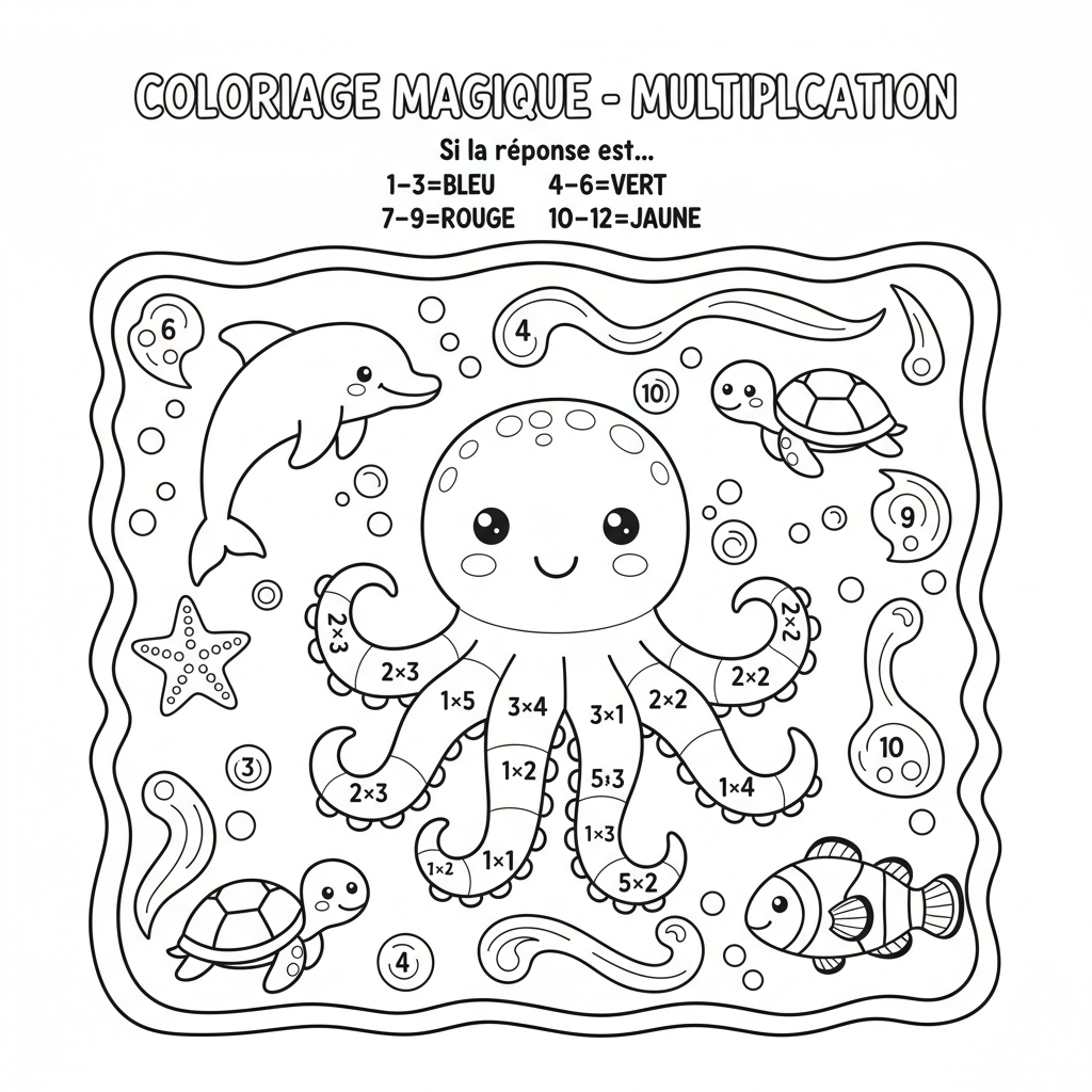 Coloriage Magique À Imprimer Multiplication Animaux de la Mer