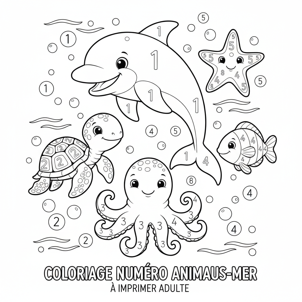 Coloriage Numéro À Imprimer Adulte sur les Animaux de la Mer