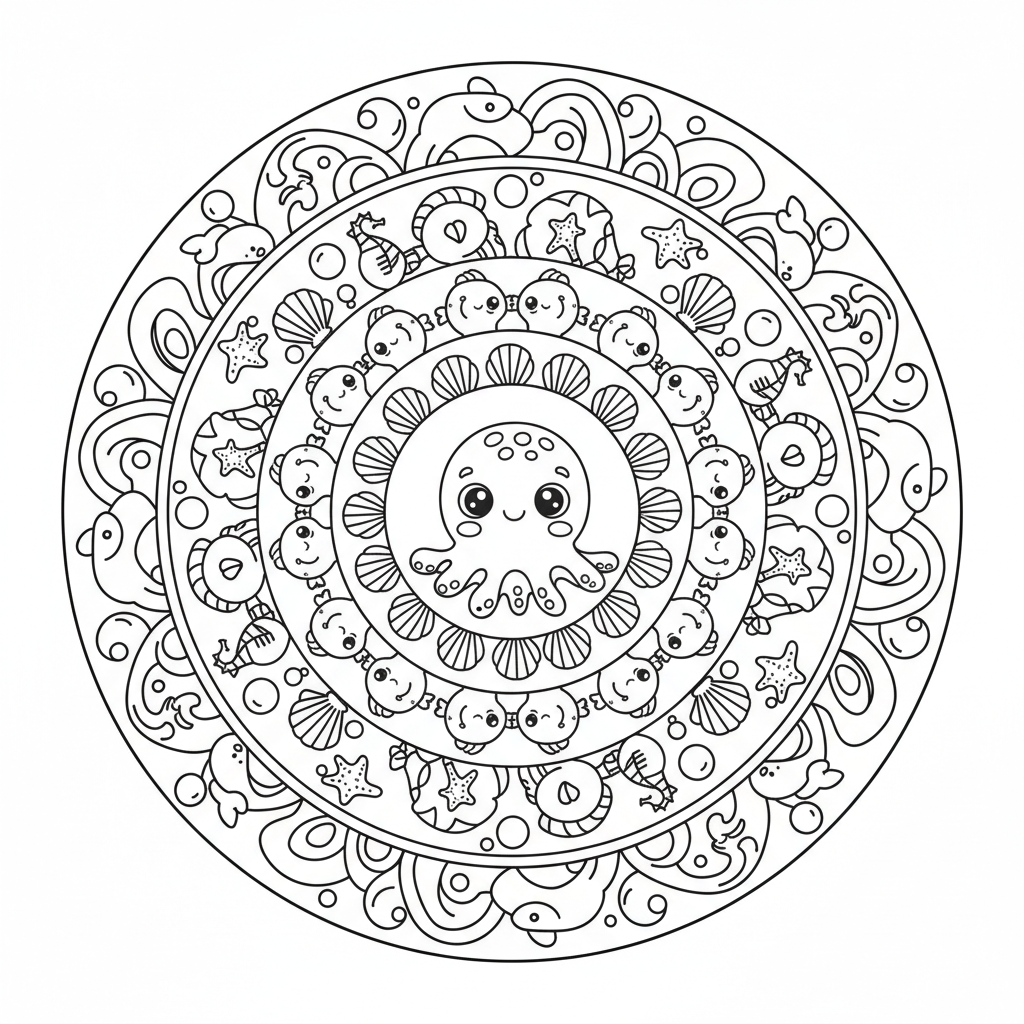 Imprimer Coloriage Mandala Animaux de la Mer Gratuit