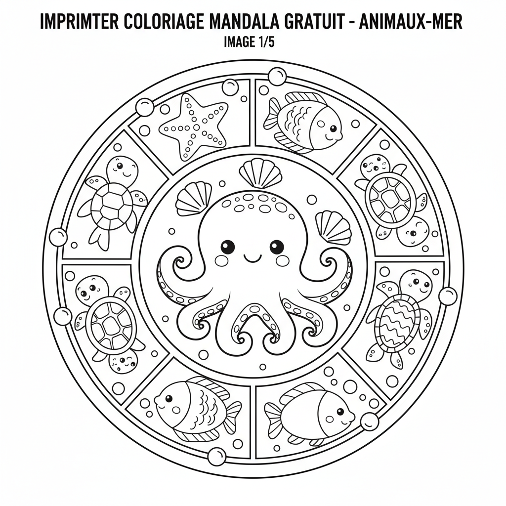 Imprimer Coloriage Mandala Gratuit des Animaux de la Mer